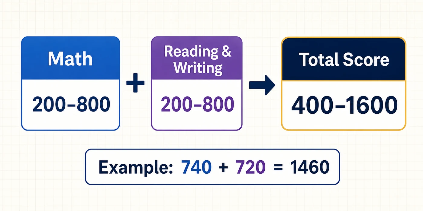 Math and Reading and Writing section scores of 200 to 800 combine into a 400 to 1600 Digital SAT total score, with an example of 740 plus 720 equaling 1460
