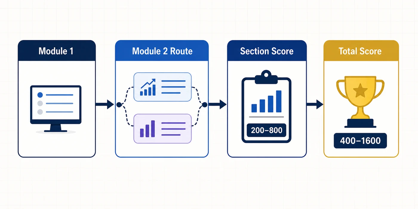 Digital SAT scoring flow from Module 1 through adaptive Module 2 routing to a 200 to 800 section score and 400 to 1600 total score